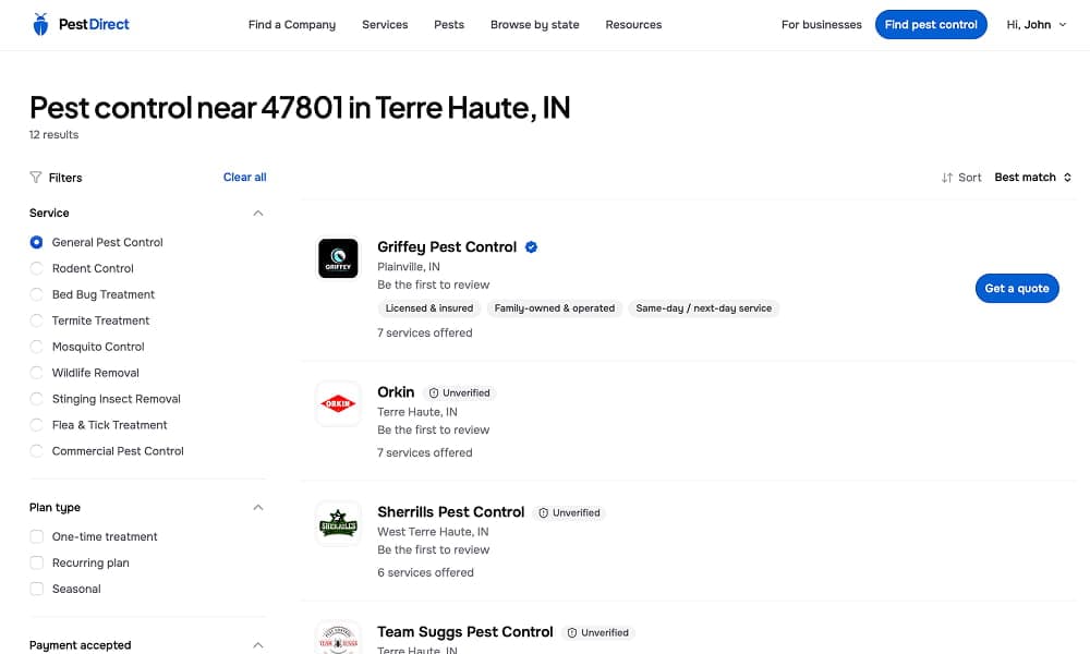 Pest Direct Search Preview Results in Indiana